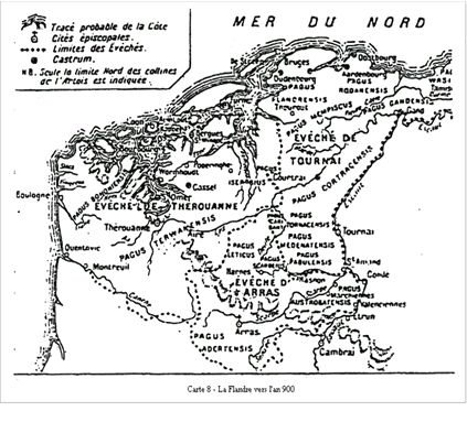 Carte représentant la Flandre vers l'an 900